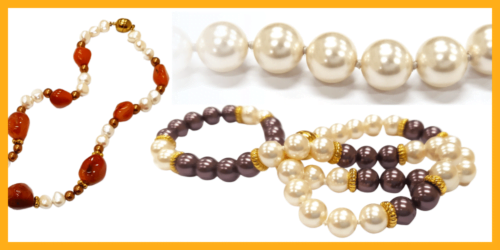 Picture of 3 strangds of necklace made using stringing with knots jewellery making techniques