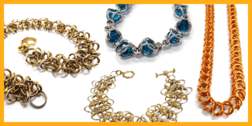 Picture of four bracelets of different colours made using the Chain Maille jewellery making technique