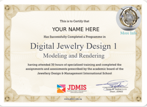 Sample picture of e-Certificate in Digital Jewellery Design 100 issued by JDMIS