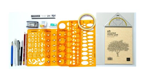 A set of rulers, sketching paper and pencials for technical jewellery drawing course at JDMIS
